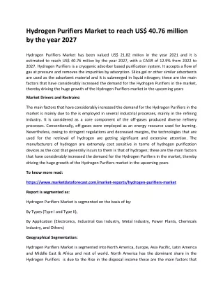hydrogen purifiers market to reach