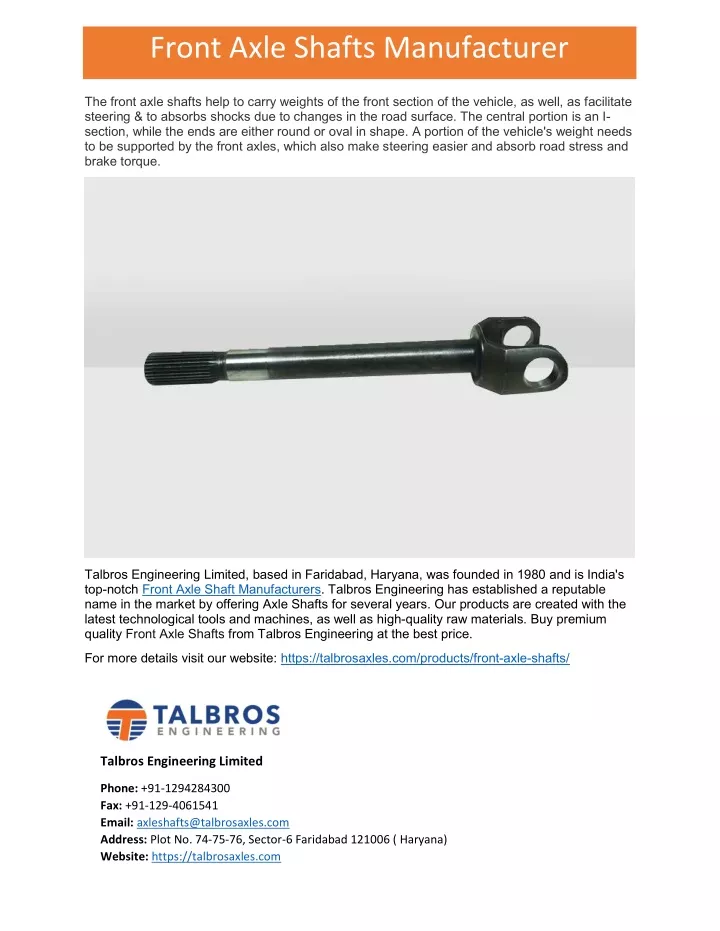 front axle shafts manufacturer