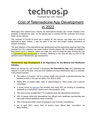 Cost of Telemedicine App Development in 2022