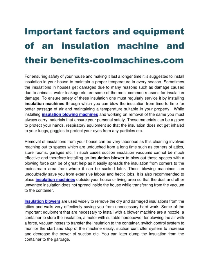 important factors and equipment of an insulation