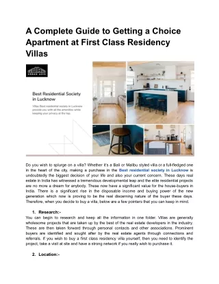 A Complete Guide to Getting a Choice Apartment at First Class Residency Villas - Urban Axis