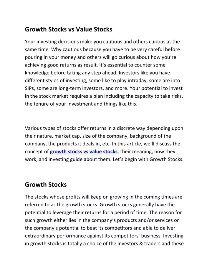 growth stocks vs value stocks