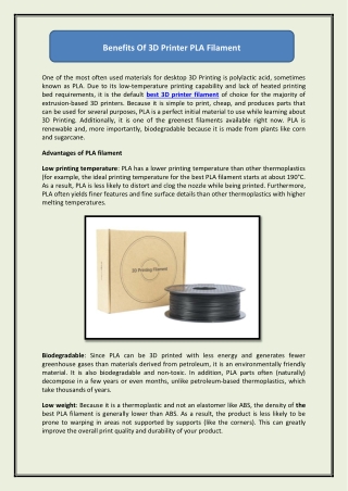 benefits of 3d printer pla filament