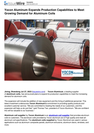 Yocon Aluminum Expands Production Capacity to Meet Growing Demand for Aluminum