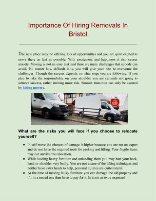 Importance Of Hiring Removals In Bristol
