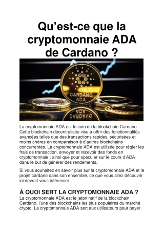Tout savoir sur la cryptomonnaie ADA de Cardano.