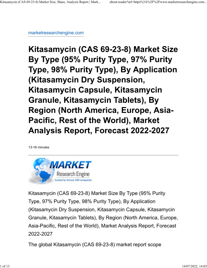 kitasamycin cas 69 23 8 market size share