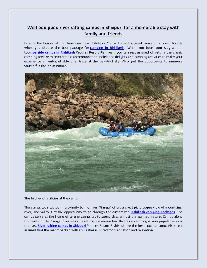 well equipped river rafting camps in shivpuri