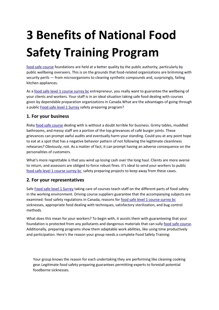 3 benefits of national food safety training