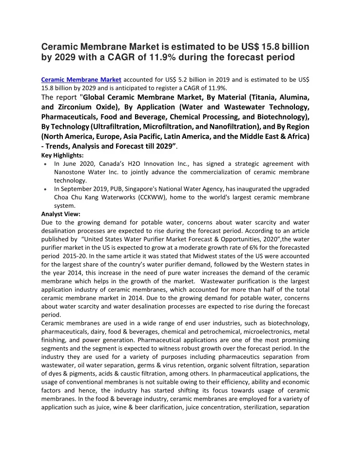 ceramic membrane market is estimated