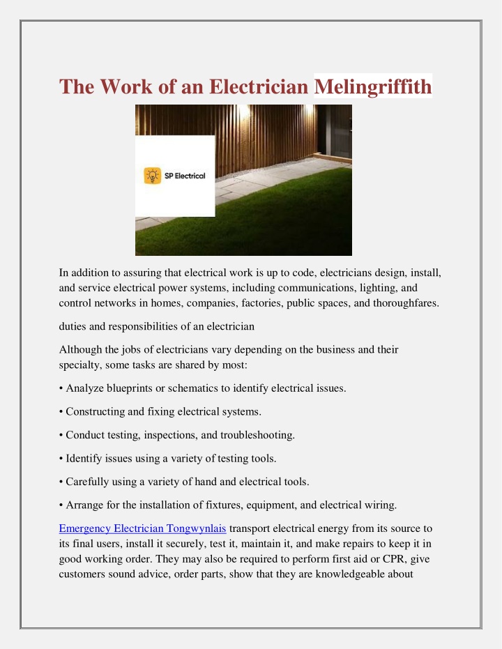 the work of an electrician melingriffith