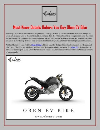 Must Know Details Before You Buy Oben EV Bike
