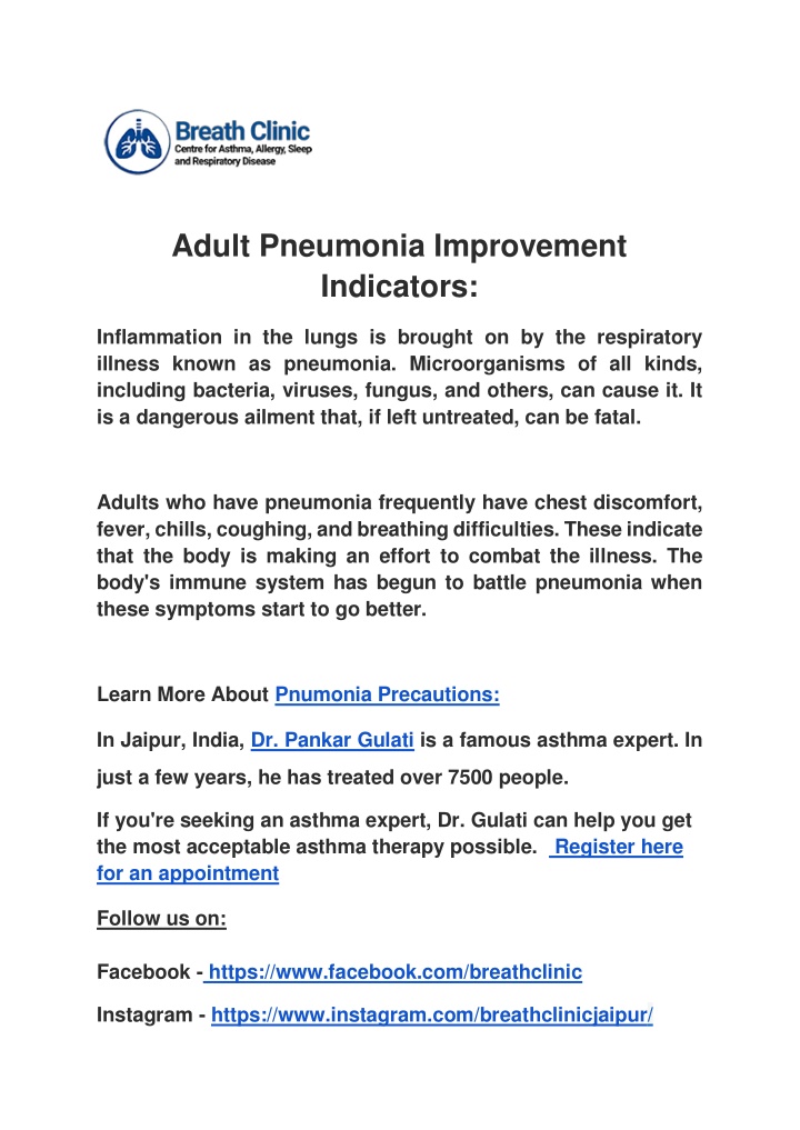 adult pneumonia improvement indicators