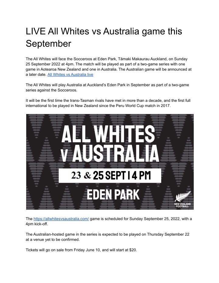 live all whites vs australia game this september