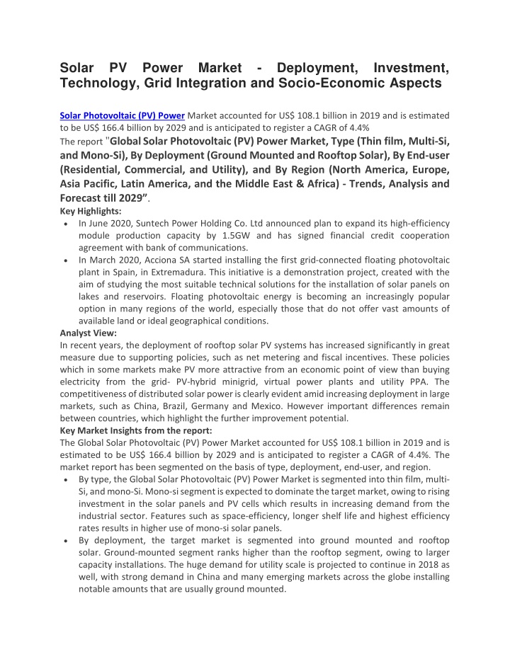 solar pv power market deployment investment