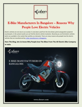 E-Bike Manufacturers In Bangalore – Reasons Why People Love Electric Vehicles