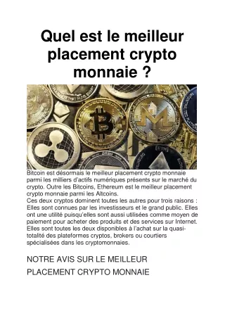 Le meilleur placement crypto monnaie.