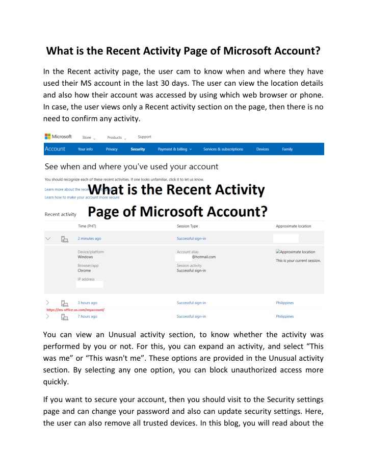 what is the recent activity page of microsoft