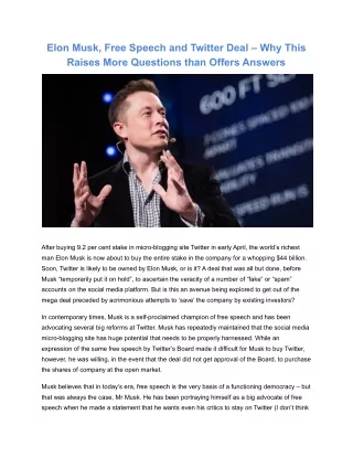 Elon Musk, Free Speech and Twitter Deal – Why This Raises More Questions than Offers Answers