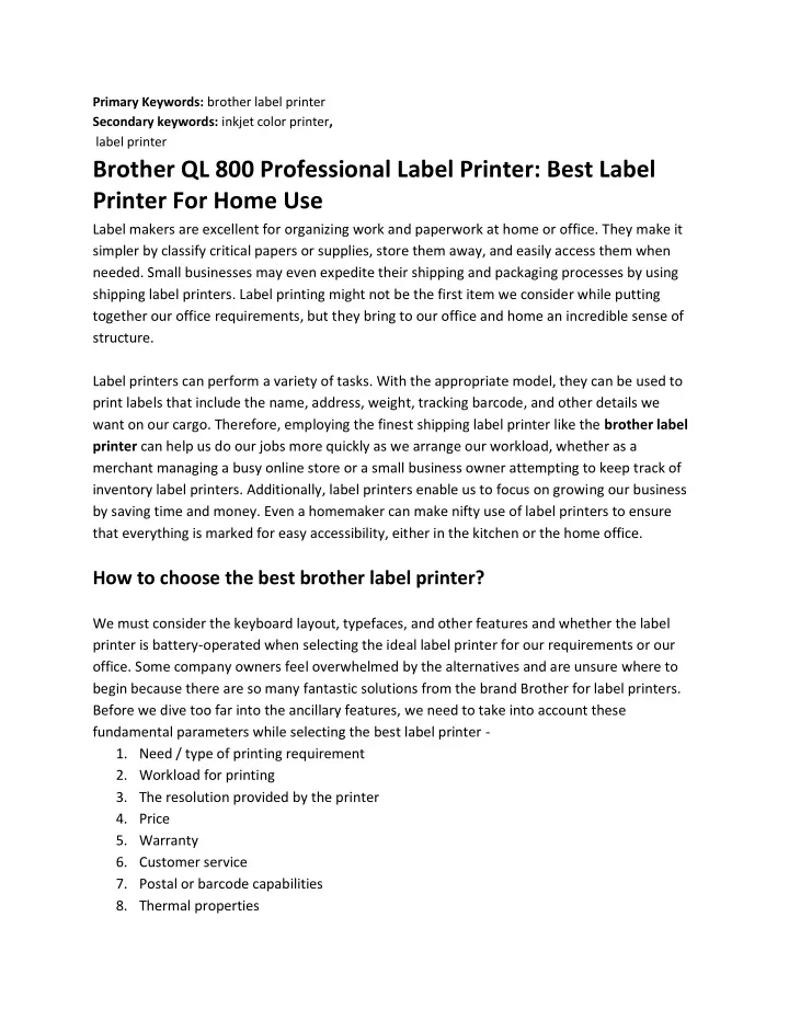 primary keywords brother label printer secondary