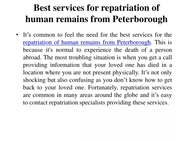 best services for repatriation of human remains from peterborough
