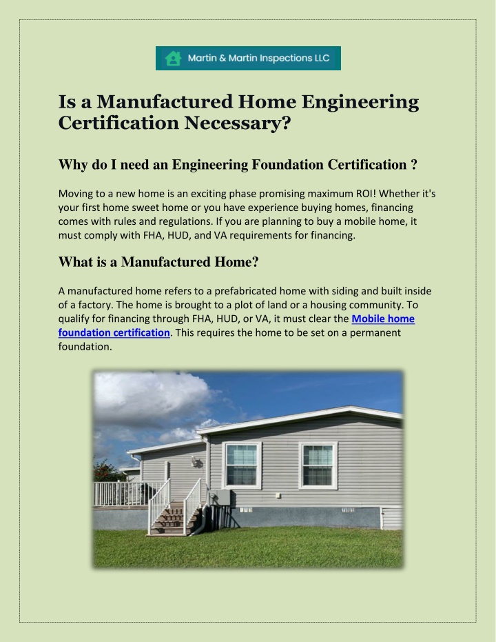 is a manufactured home engineering certification
