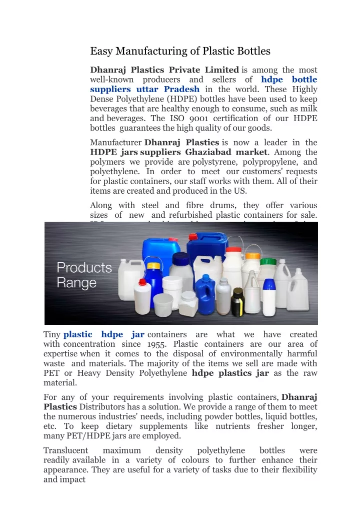 easy manufacturing of plastic bottles dhanraj