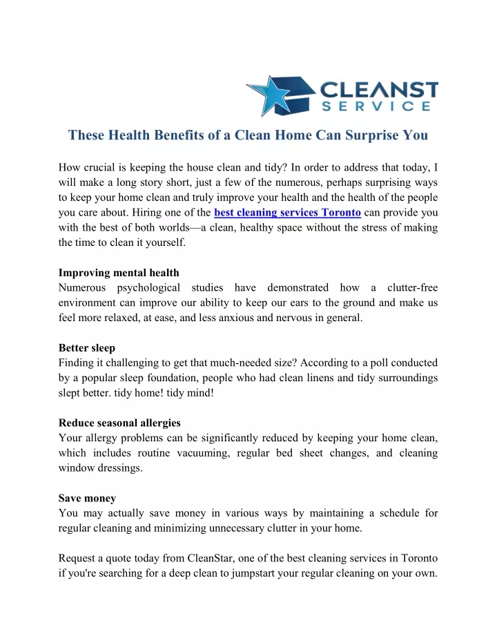 these health benefits of a clean home