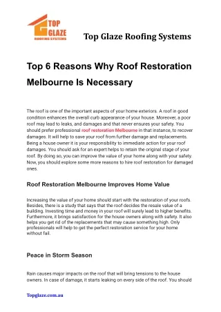 Top 6 Reasons Why Roof Restoration Melbourne Is Necessary