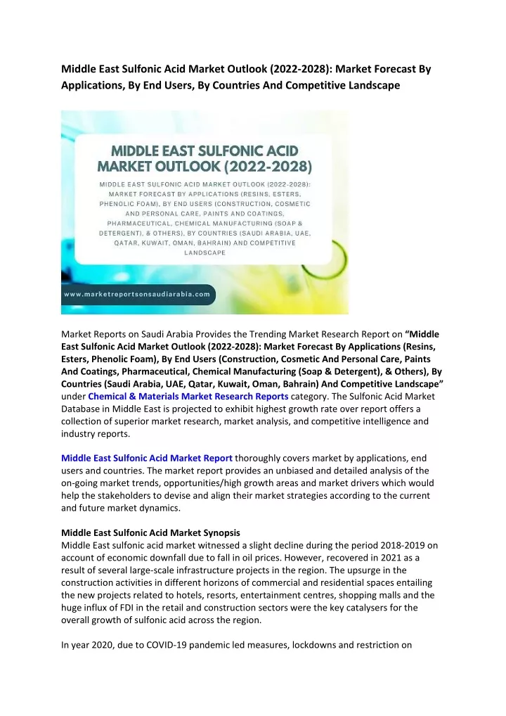 middle east sulfonic acid market outlook 2022