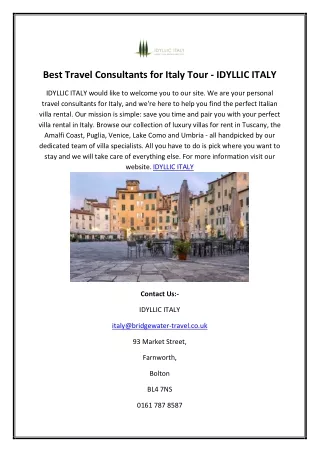 Best Travel Consultants for Italy Tour - IDYLLIC ITALY