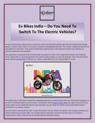 Ev Bikes India – Do You Need To Switch To The Electric Vehicles?