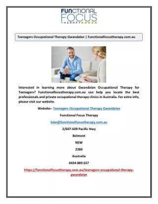Teenagers Occupational Therapy Gwandalan | Functionalfocustherapy.com.au
