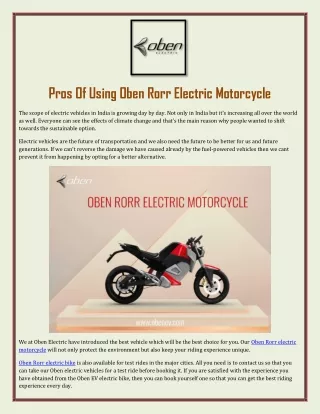 Pros Of Using Oben Rorr Electric Motorcycle