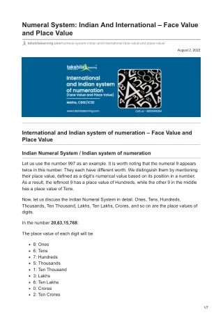 Numeral System Indian And International  Face Value and Place Value