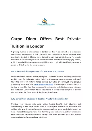 Carpe Diem Offers Best Private Tuition in London