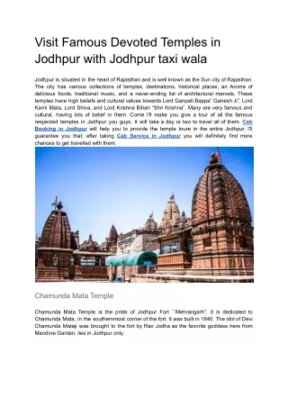 Visit Famous Devoted Temples in Jodhpur with Jodhpur taxi wala