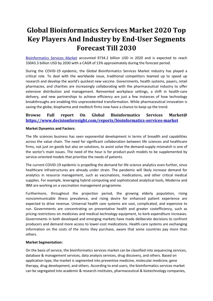 global bioinformatics services market 2020