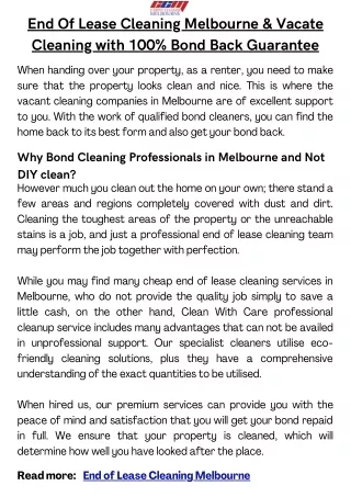End Of Lease Cleaning Melbourne & Vacate Cleaning with 100% Bond Back Guarantee