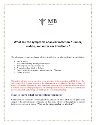 What are the symptoms of an ear infection - inner, middle, and outer ear infections