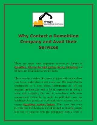 Why Contact a Demolition Company and Avail their Services