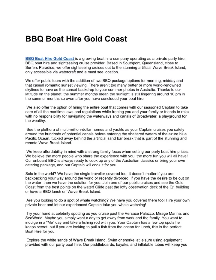 bbq boat hire gold coast