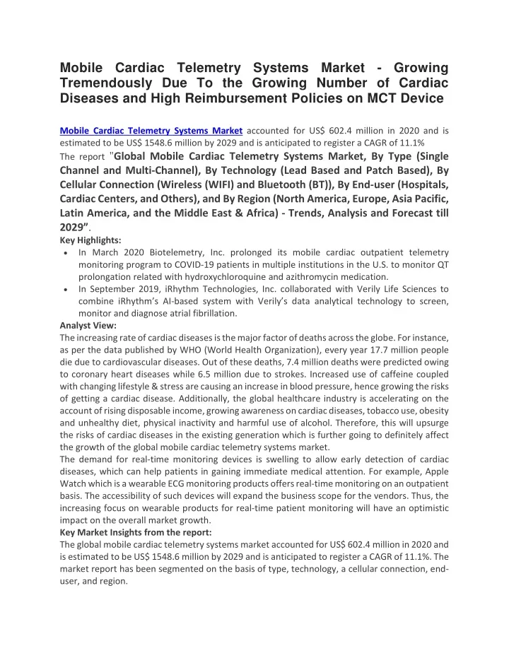 mobile cardiac telemetry systems market growing