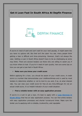Get A Loan Fast In South Africa At Depfin Finance