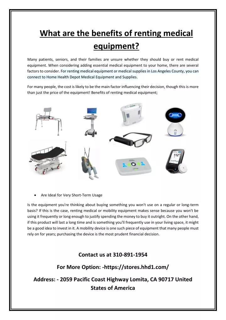 what are the benefits of renting medical equipment