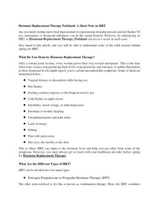 hormone replacement therapy parkland a short note