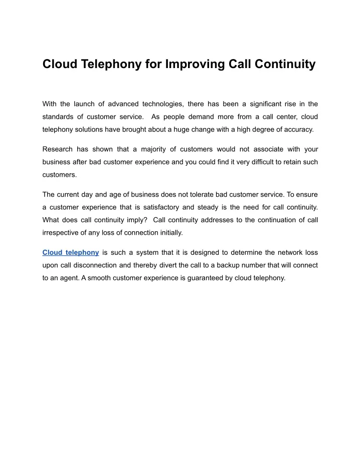 cloud telephony for improving call continuity