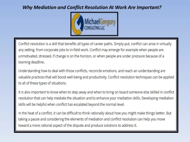 why mediation and conflict resolution at work