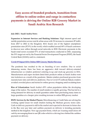 Saudi Arabia Online B2B Grocery Market Size and Research 2022, CAGR Status