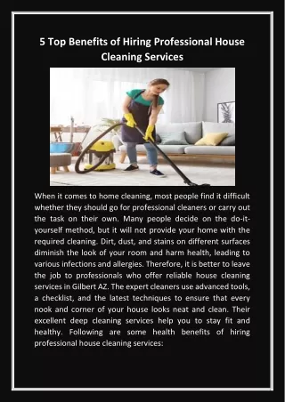 5 Top Benefits of Hiring Professional House Cleaning Services